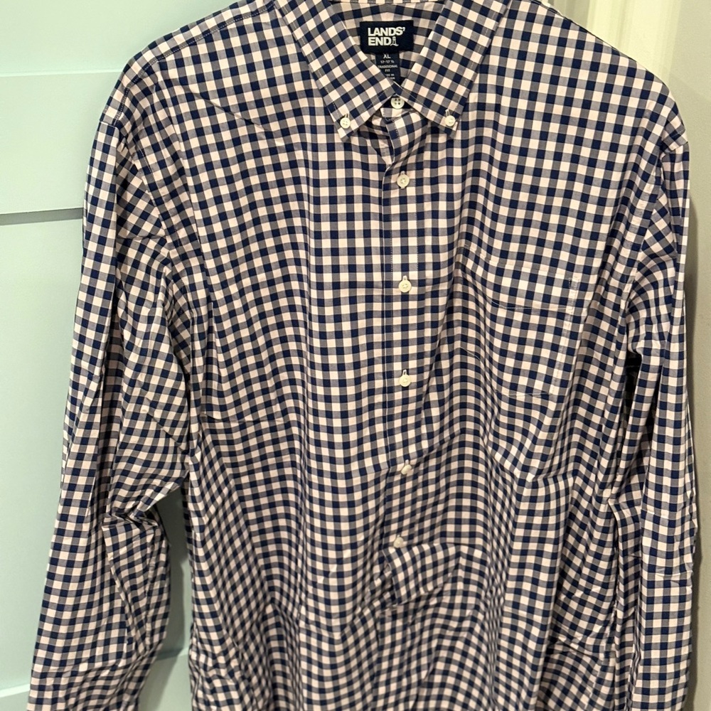 Lands' End Men's Navy and Pink Plaid Shirt